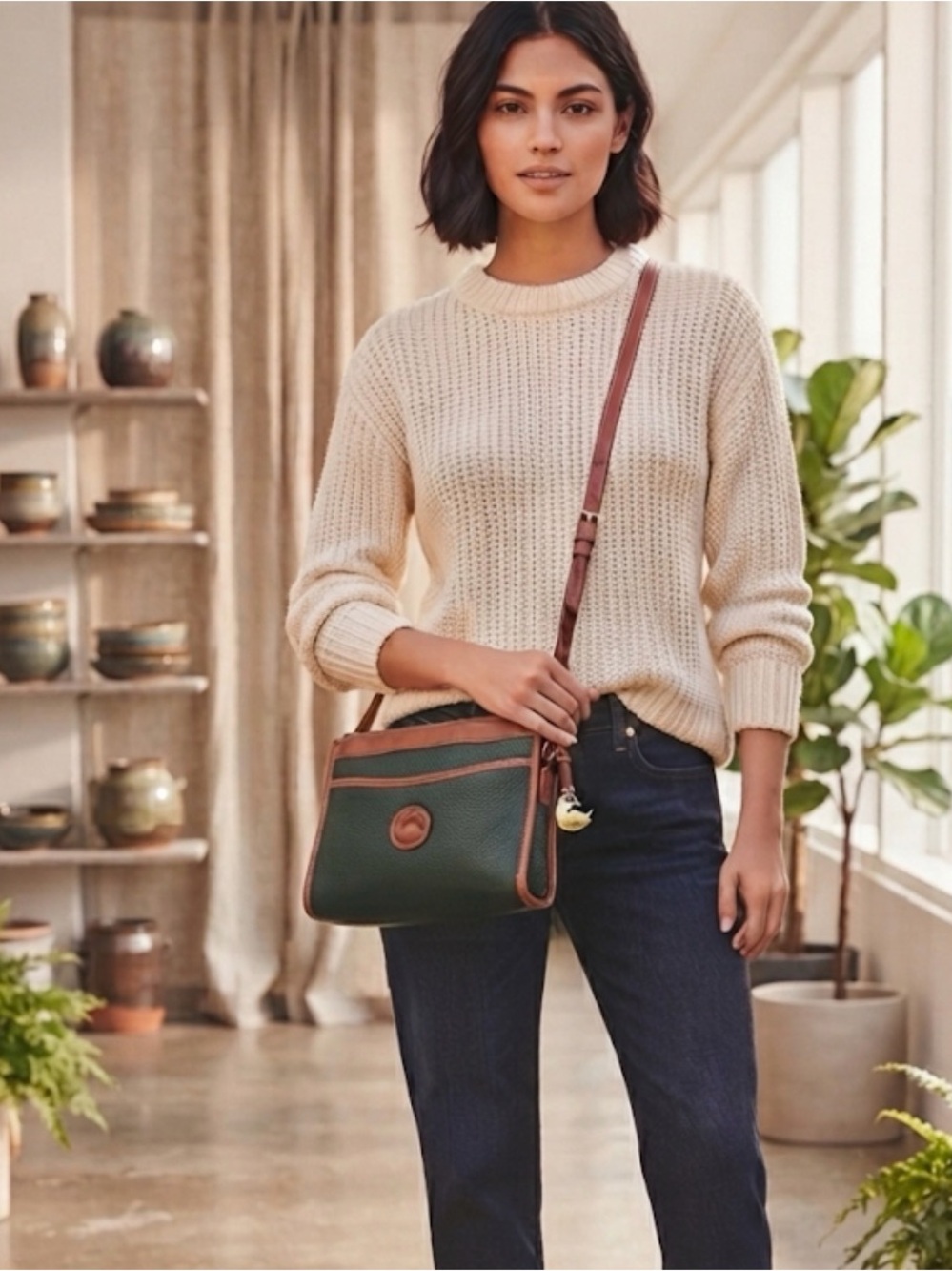 Dooney & Bourke Green Pebbled Leather Crossbody with Brown Trim and Strap